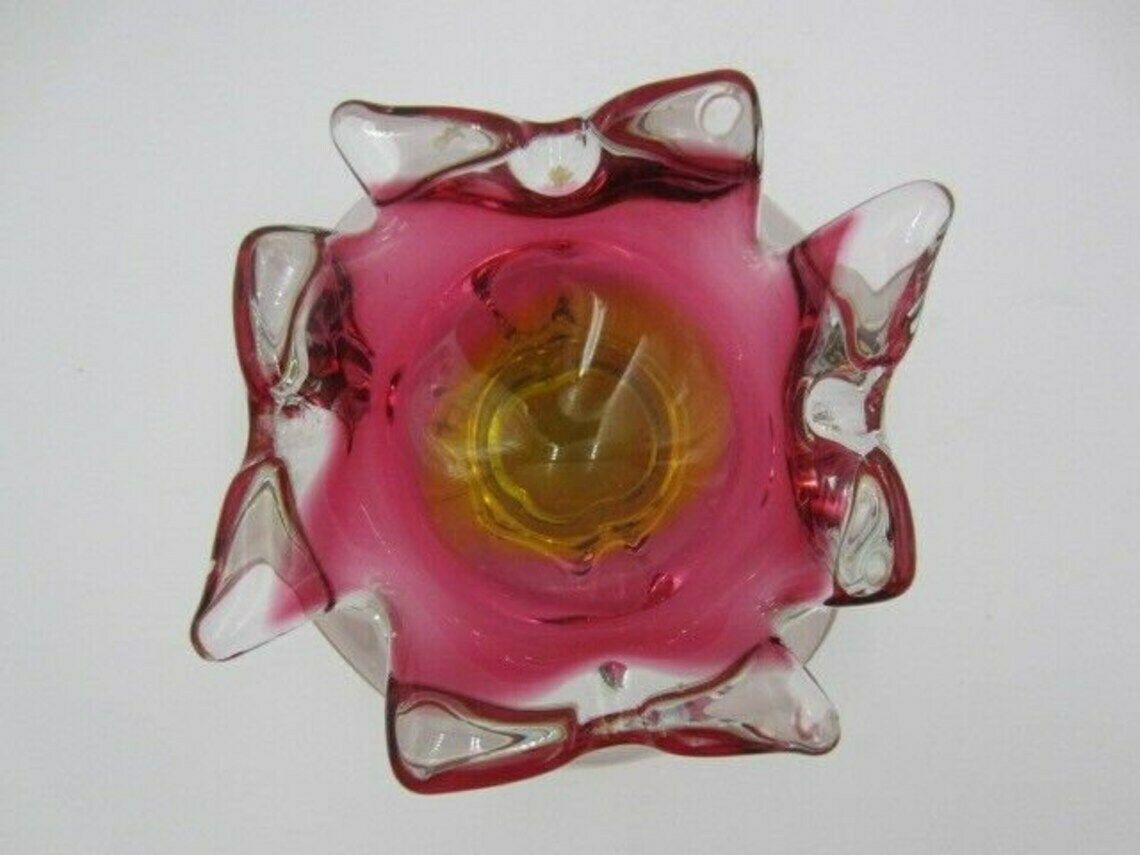 Hand Made Czech Pink And Golden Amber Murano Sommerso Style Art Glass Bowl photo Home Decor