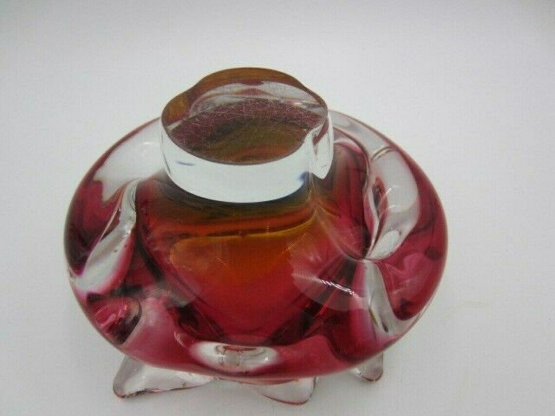 Hand Made Czech Pink And Golden Amber Murano Sommerso Style Art Glass Bowl photo vintage