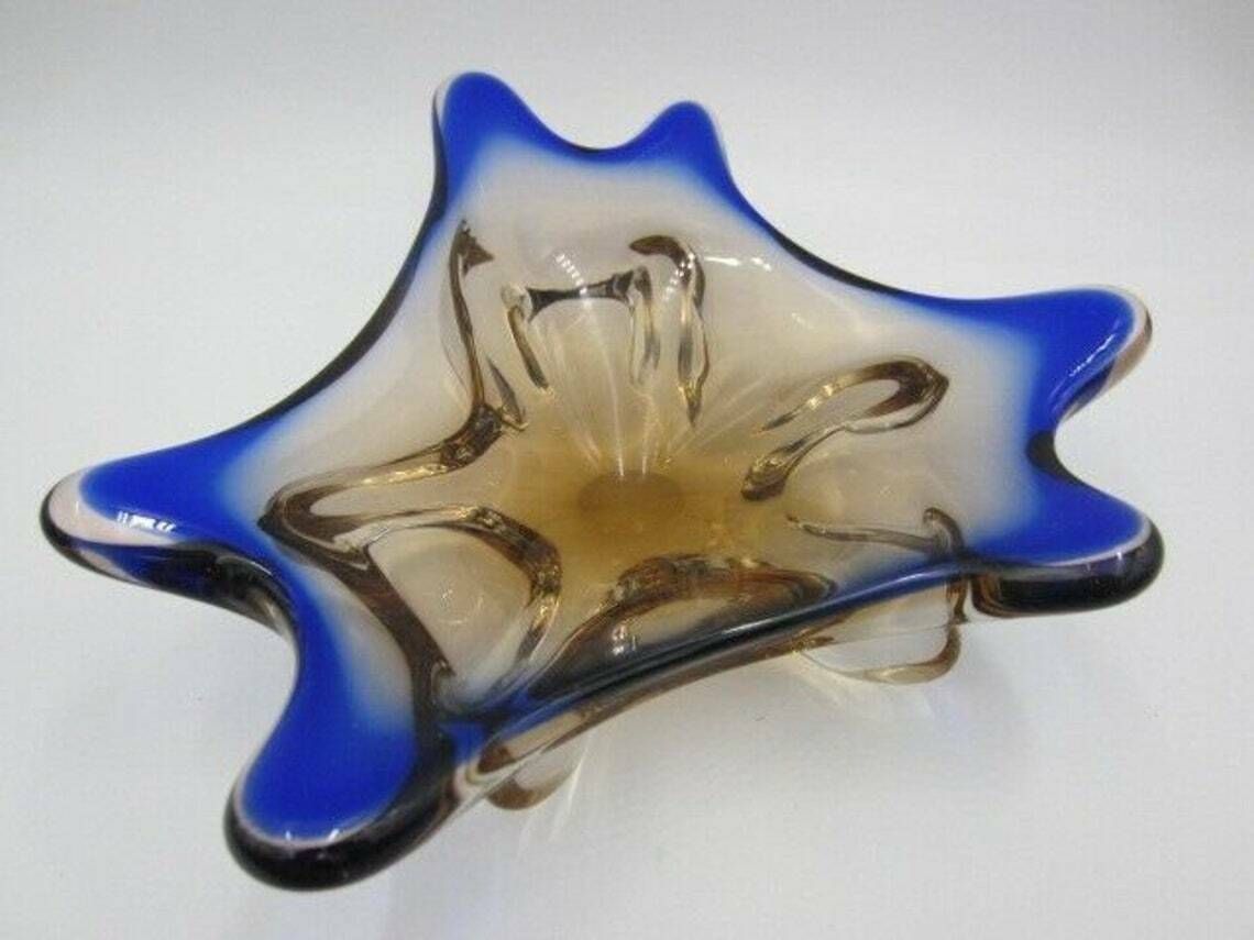 Blue And Pink Mid Century Art Glass Water Droplet Bowl Czech Sommerso photo vintage