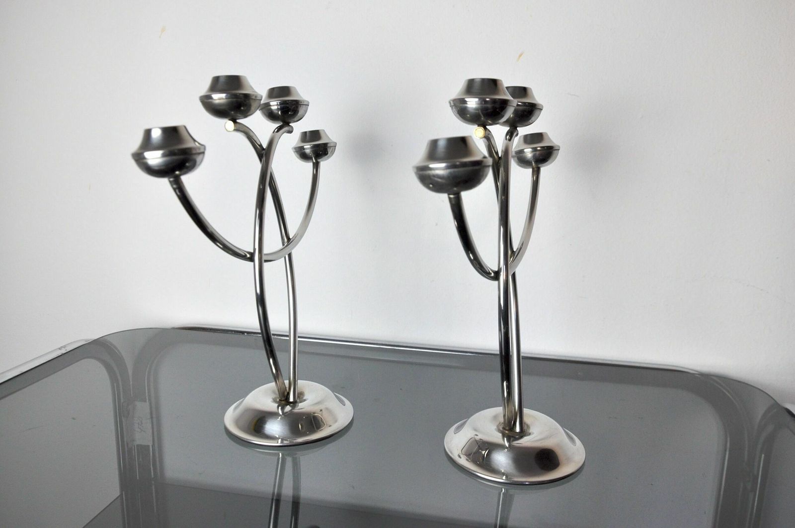 Pair Of Art Deco Candle Holder In Stainless Steel 4 Flammes, Spain, 1970 photo 1007.0