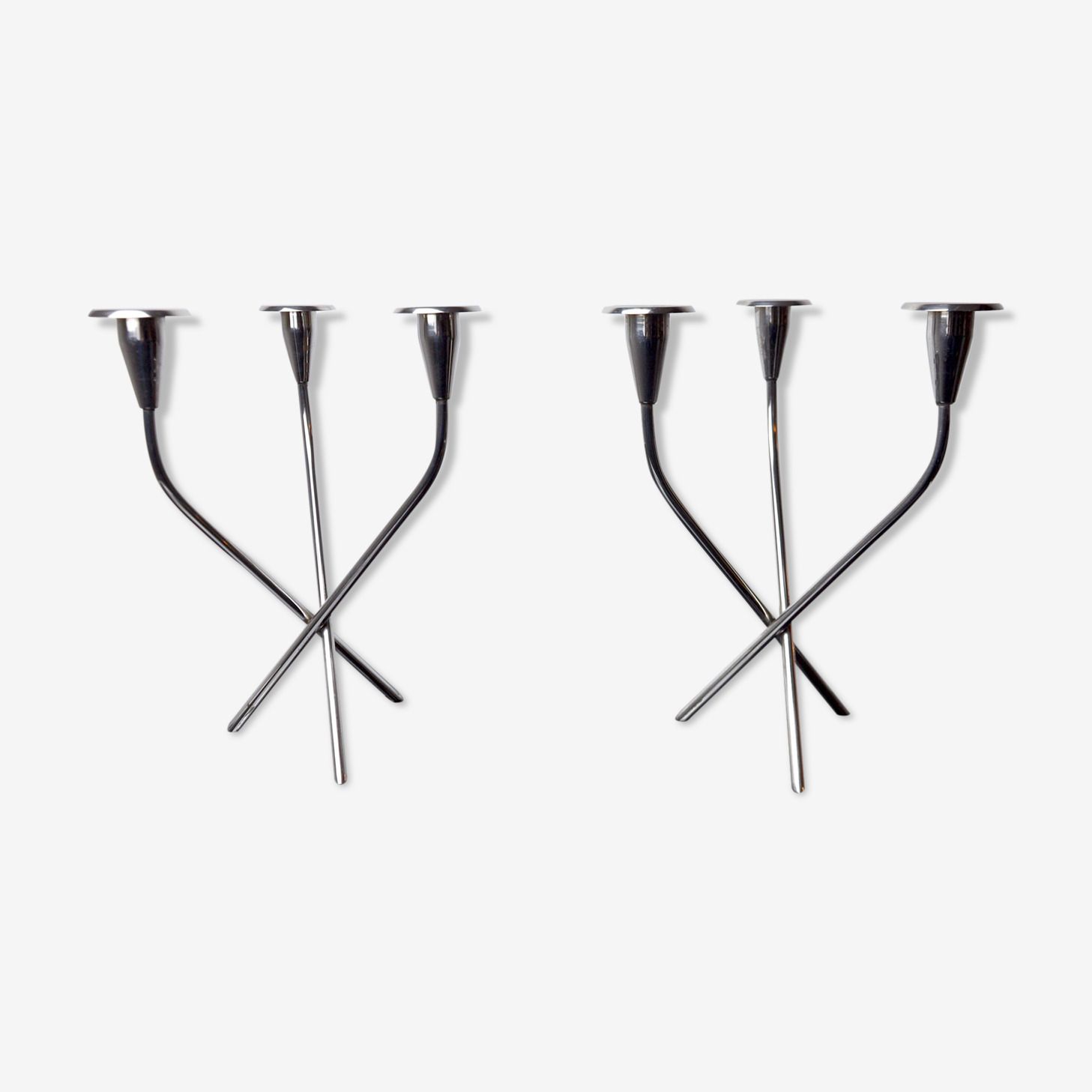 Pair Of Scandinavian 3 Arm Candlesticks In Alpaca, Sweden, 1970