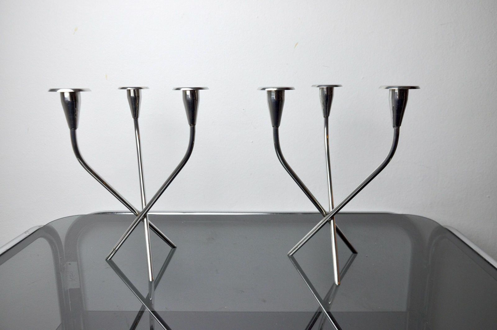 photo furniture Pair Of Scandinavian 3 Arm Candlesticks In Alpaca, Sweden, 1970