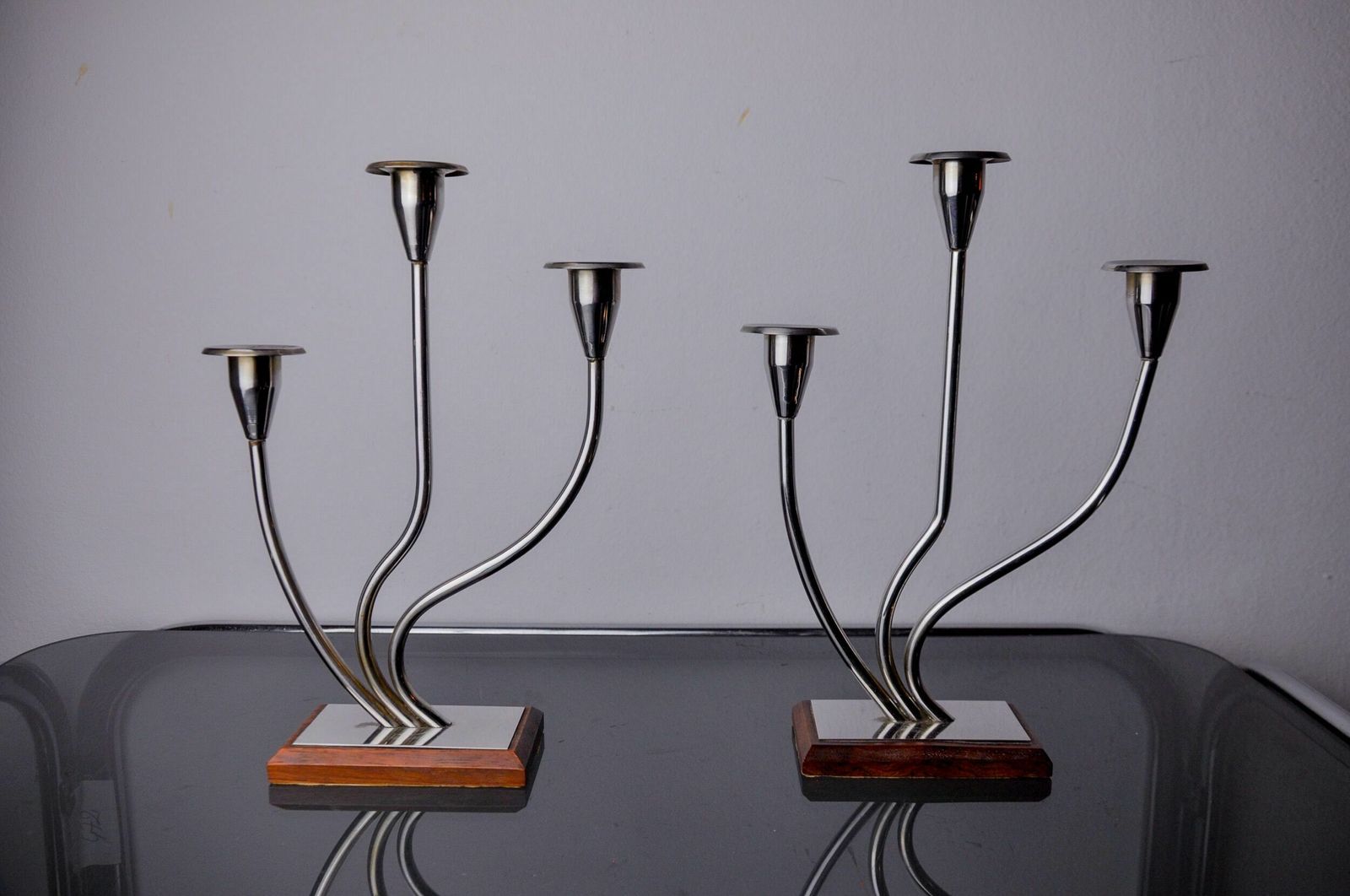 Pair Of Art Deco Candlesticks In Stainless Steel And Rosewood 3 Flames, Spain, 1970 photo furniture