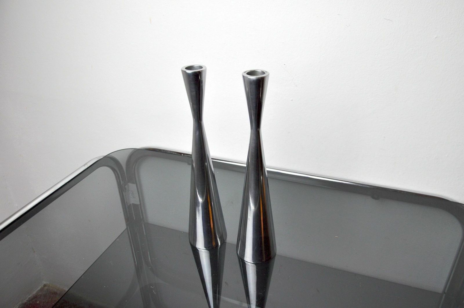 Pair Of Scandinavian Diabolo Candlesticks, Aluminium, Suede, 1970 photo furniture