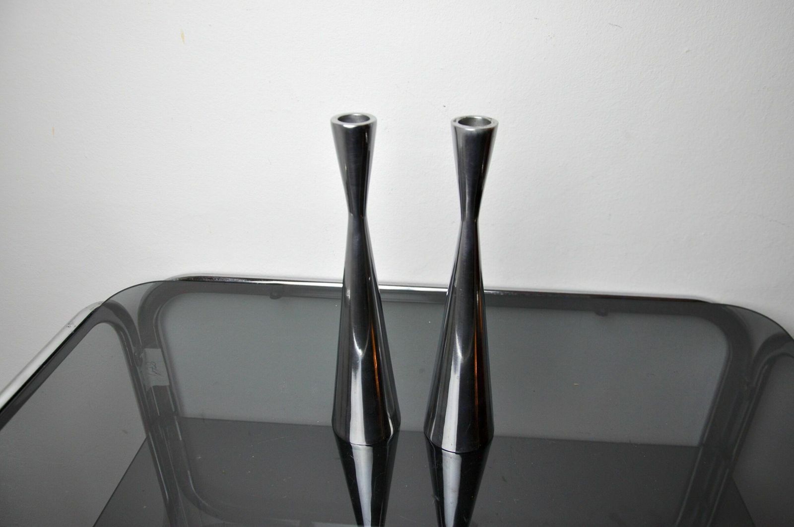 Pair Of Scandinavian Diabolo Candlesticks, Aluminium, Suede, 1970 photo 1007.0
