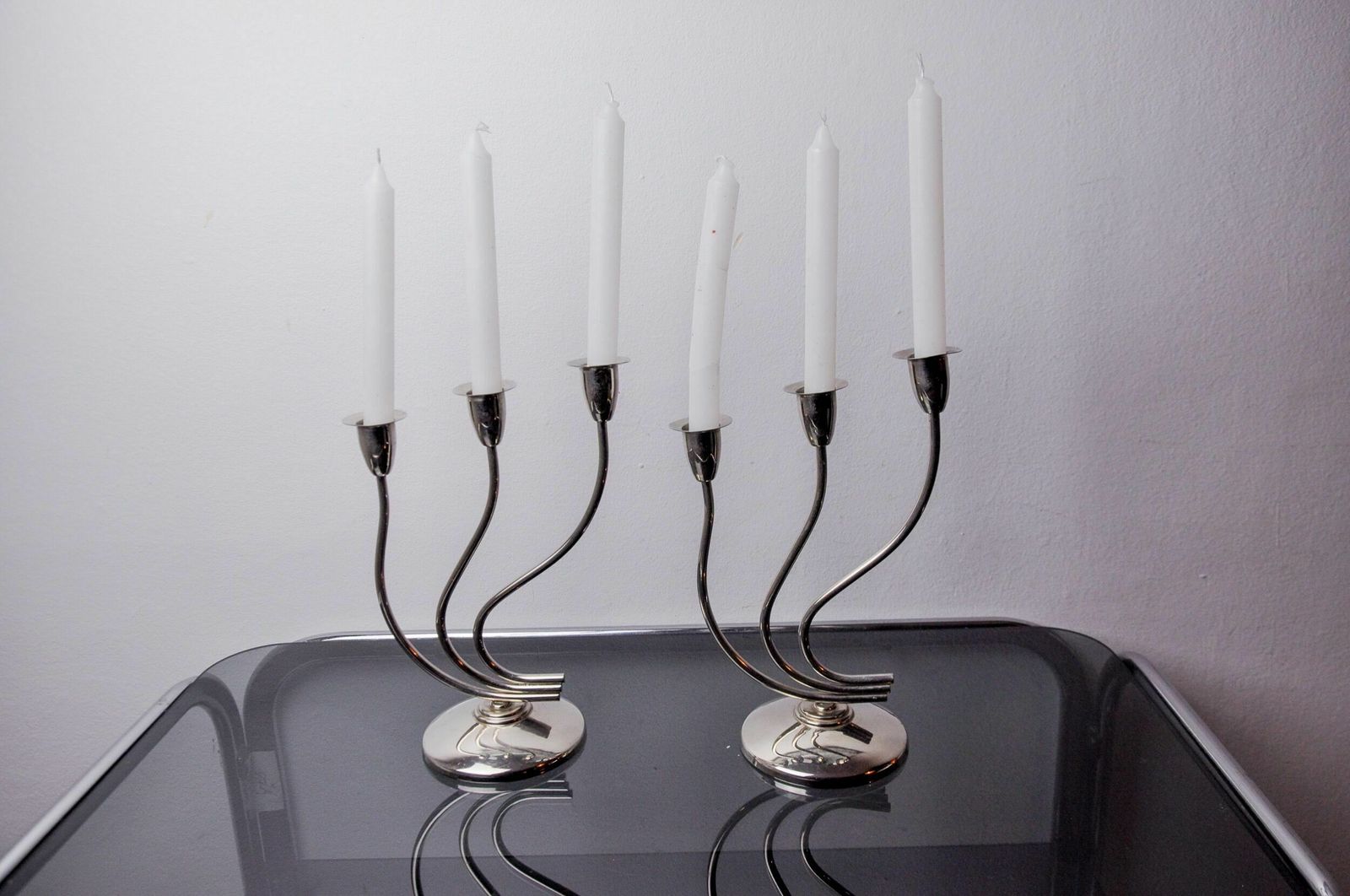 Pair Of Art Deco Candlesticks In Stainless Steel 3 Flames, Spain, 1970 photo for sale