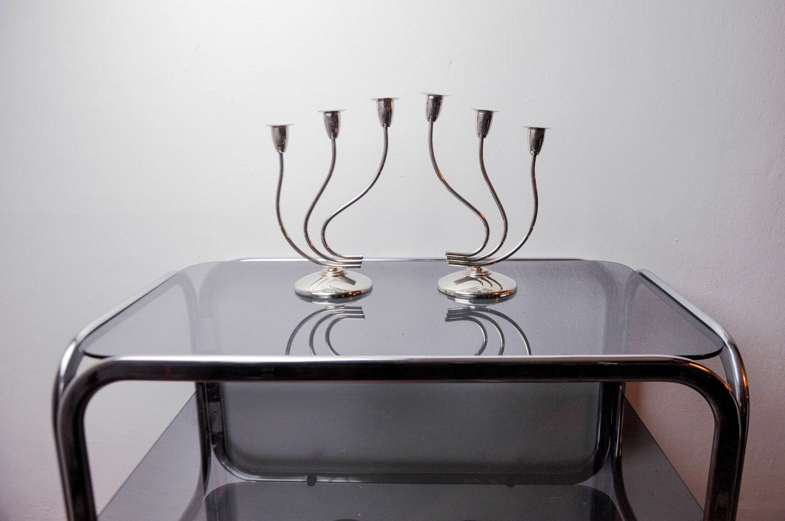 Pair Of Art Deco Candlesticks In Stainless Steel 3 Flames, Spain, 1970 photo Home Decor
