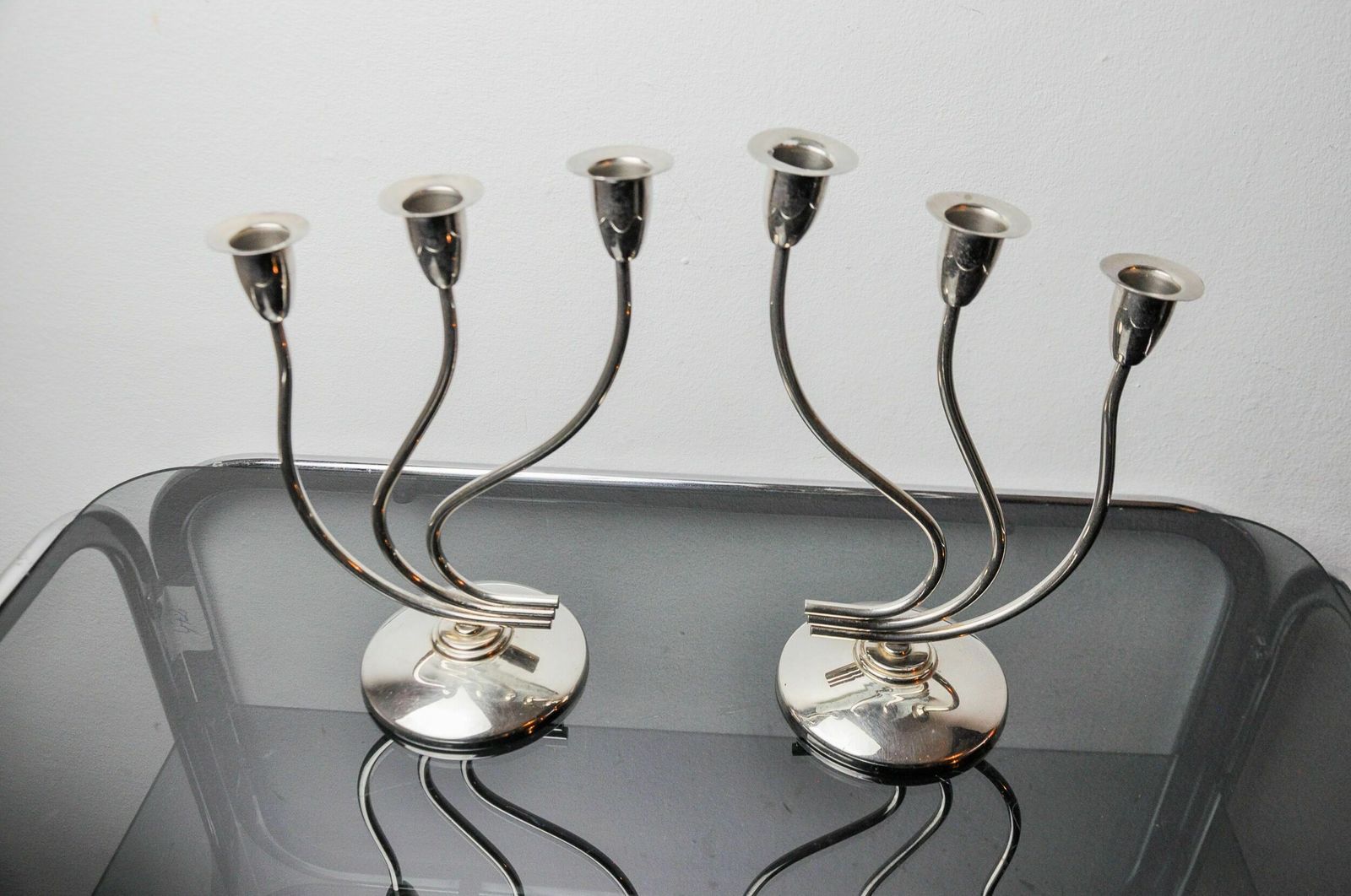 Pair Of Art Deco Candlesticks In Stainless Steel 3 Flames, Spain, 1970 photo 1063.0
