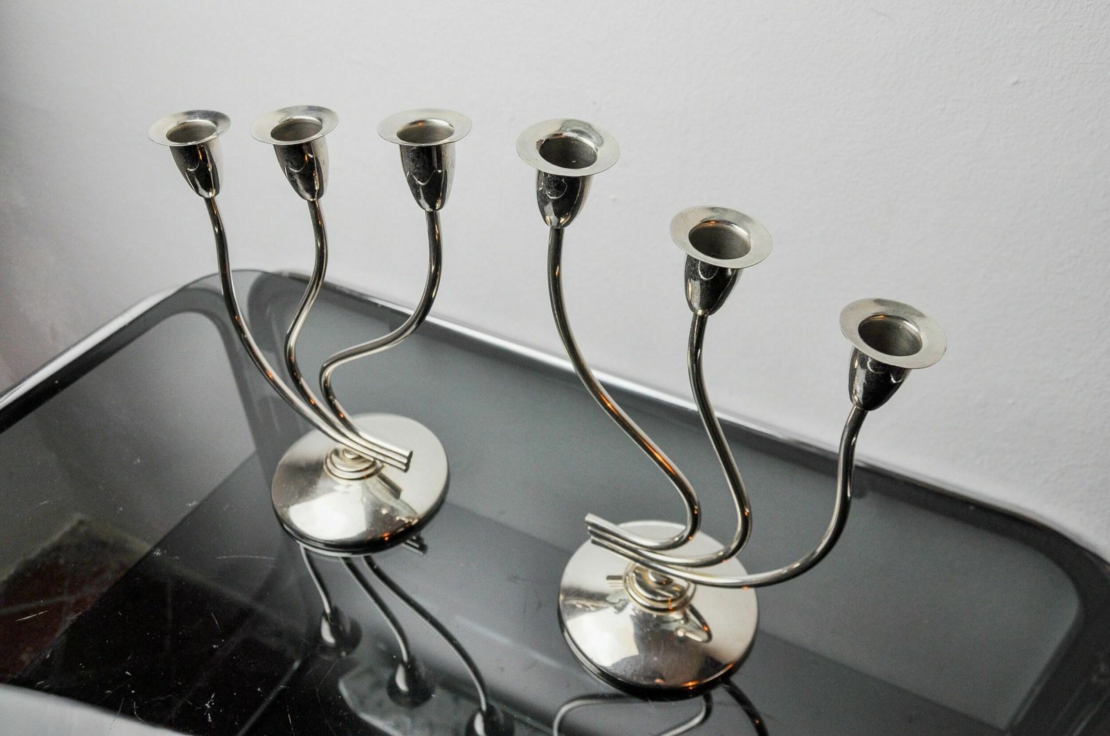 Pair Of Art Deco Candlesticks In Stainless Steel 3 Flames, Spain, 1970 photo vinterior