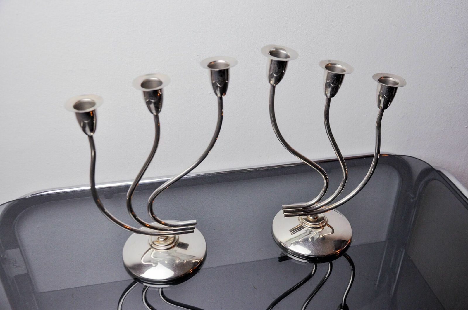 Pair Of Art Deco Candlesticks In Stainless Steel 3 Flames, Spain, 1970 photo buy