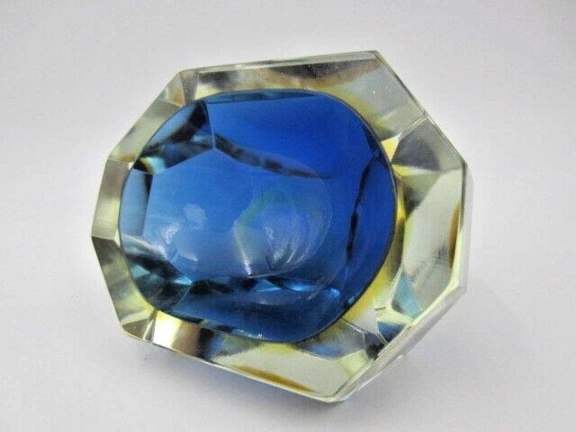 Mandruzzato Faceted Blue In Amber In Blue Murano Sommerso Diamond Cut Glass Bowl photo furniture