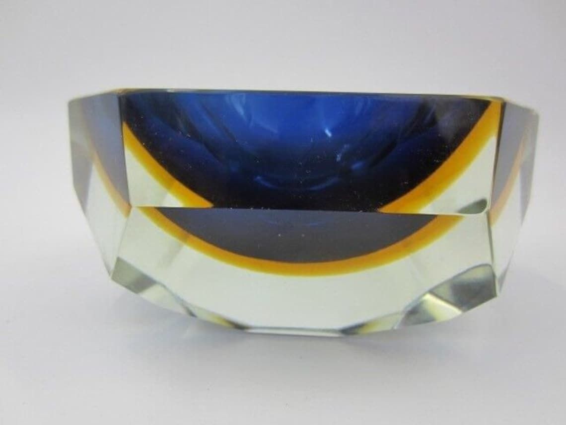 Mandruzzato Faceted Blue In Amber In Blue Murano Sommerso Diamond Cut Glass Bowl photo for sale