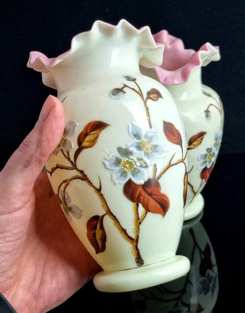 Antique Enamelled Glass Vases, Primrose Glass, Victorian, Pair photo furniture