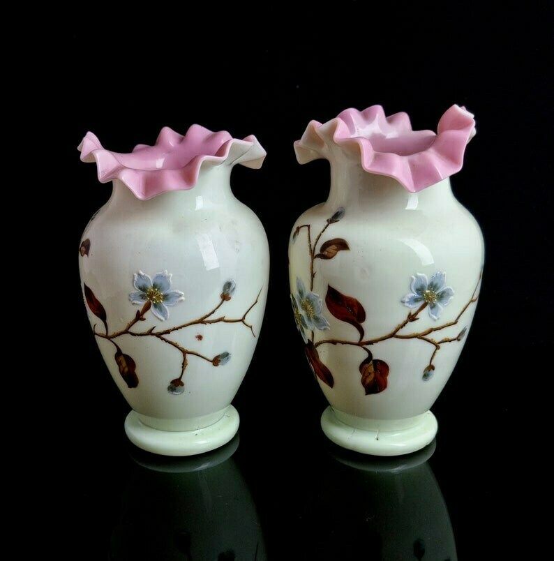 Antique Enamelled Glass Vases, Primrose Glass, Victorian, Pair photo 312.0