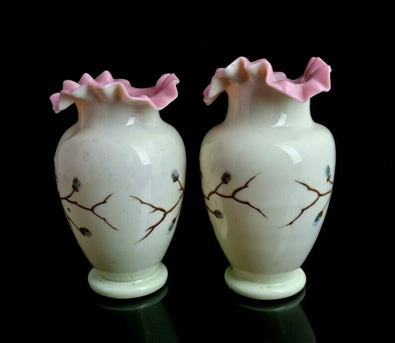 photo furniture Antique Enamelled Glass Vases, Primrose Glass, Victorian, Pair