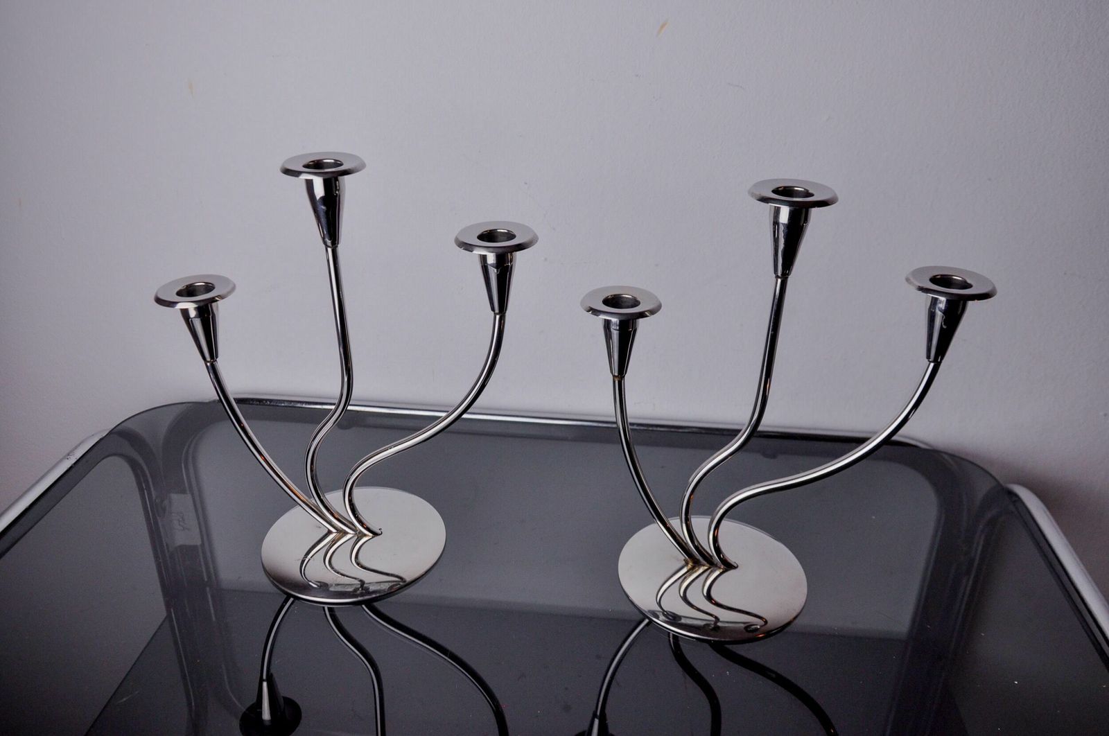 Pair Of Art Deco Candlesticks In Stainless Steel 3 Flames, Spain, 1970 photo for sale