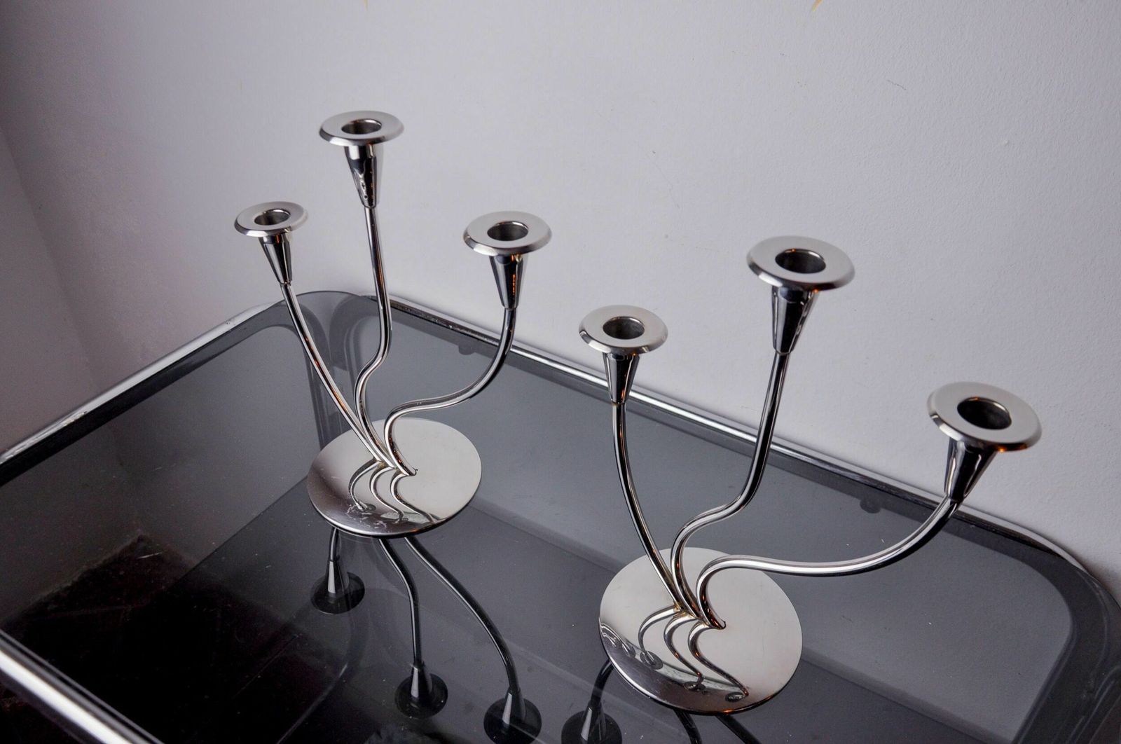 Pair Of Art Deco Candlesticks In Stainless Steel 3 Flames, Spain, 1970 photo Home Decor