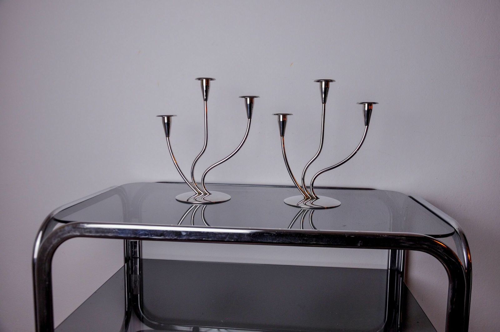 Pair Of Art Deco Candlesticks In Stainless Steel 3 Flames, Spain, 1970 photo vinterior