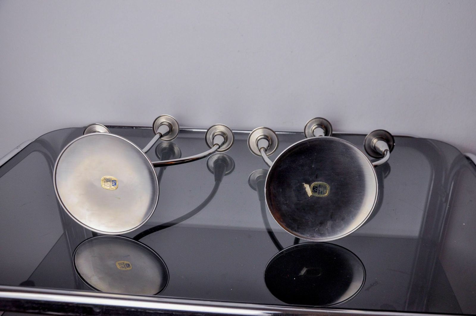 Pair Of Art Deco Candlesticks In Stainless Steel 3 Flames, Spain, 1970 photo buy