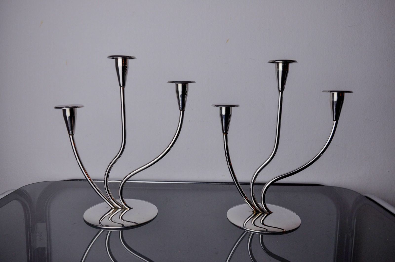 Home Decor Pair Of Art Deco Candlesticks In Stainless Steel 3 Flames, Spain, 1970 photo