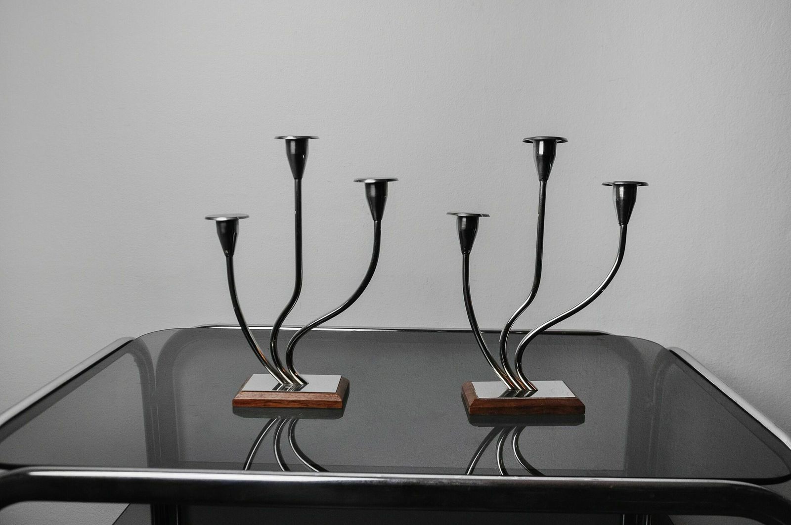Pair Of Art Deco Candlesticks In Stainless Steel 3 Flames, Spain, 1970 photo furniture