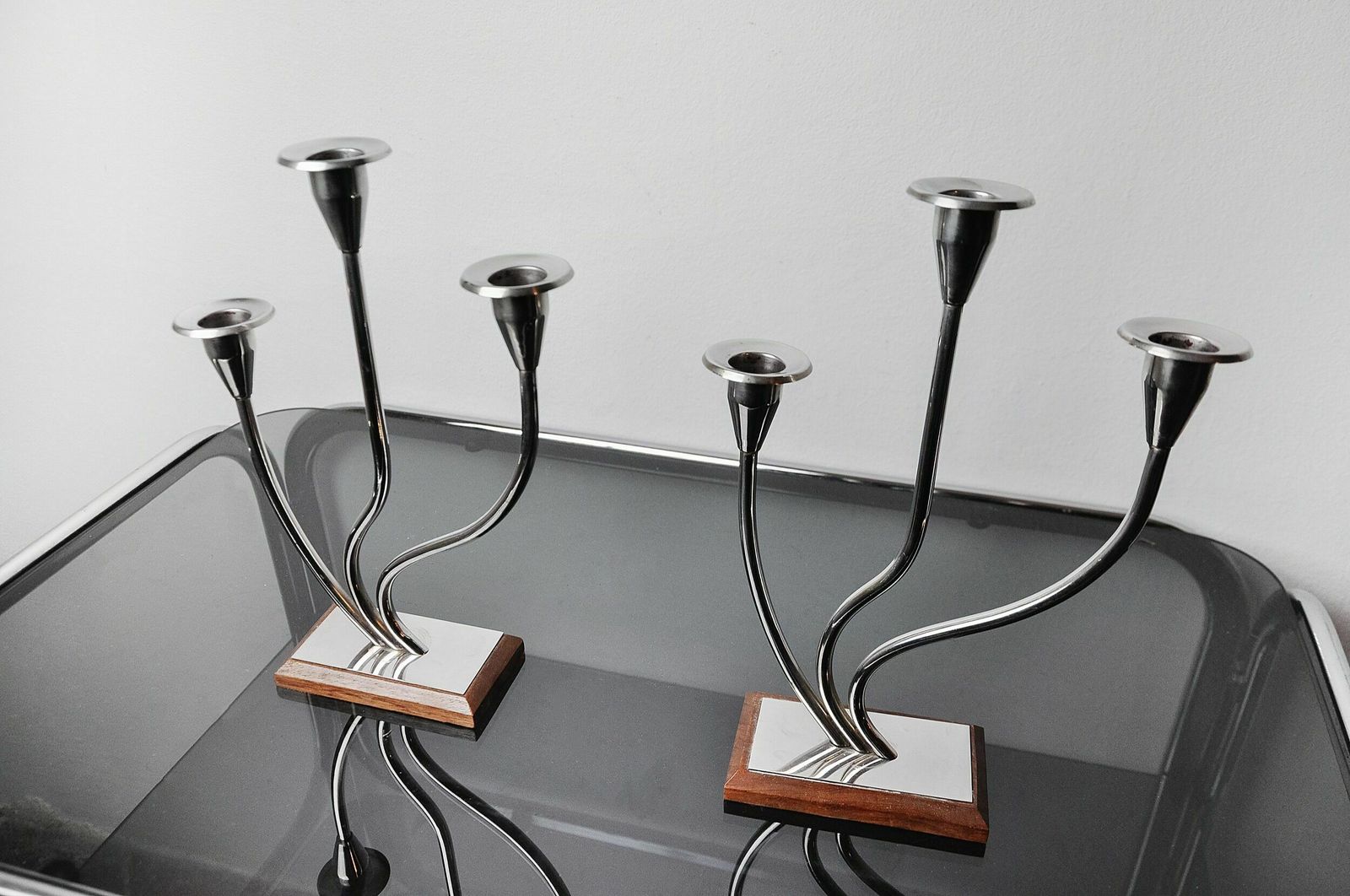 Pair Of Art Deco Candlesticks In Stainless Steel 3 Flames, Spain, 1970 photo vinterior