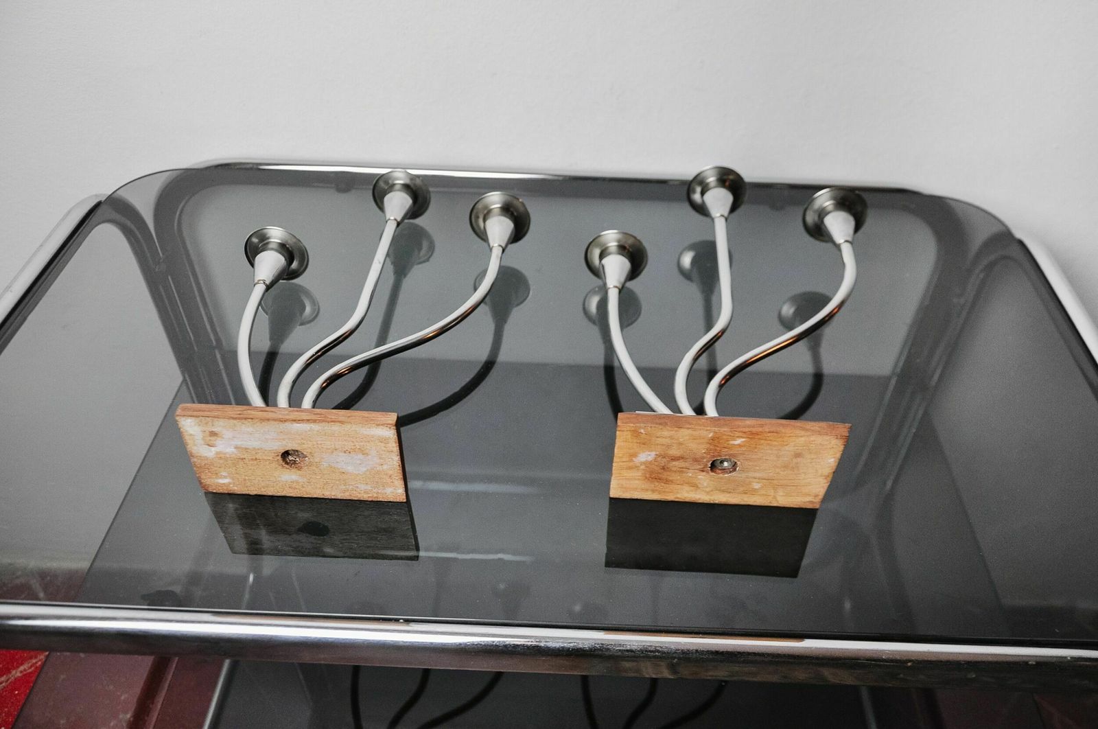 Pair Of Art Deco Candlesticks In Stainless Steel 3 Flames, Spain, 1970 photo vintage