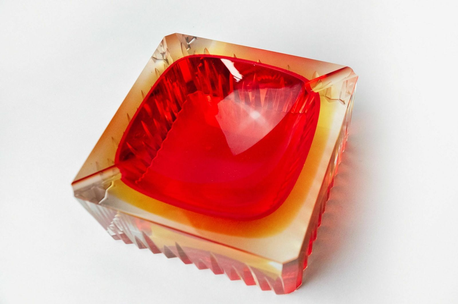 Red And Yellow Cubic Sommerso Ashtray By Seguso, Murano, Italy, 1970 photo vinterior