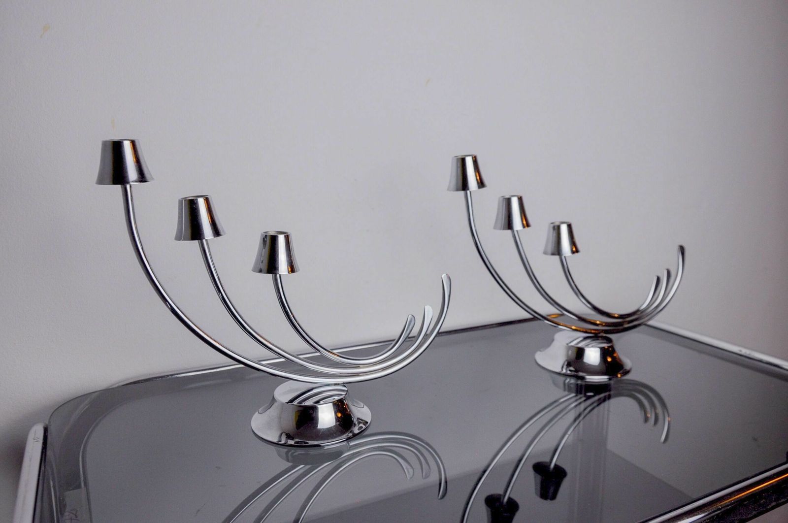 Pair Of Art Deco Candlesticks In Stainless Steel 3 Flames, Spain, 1970 photo 895.0