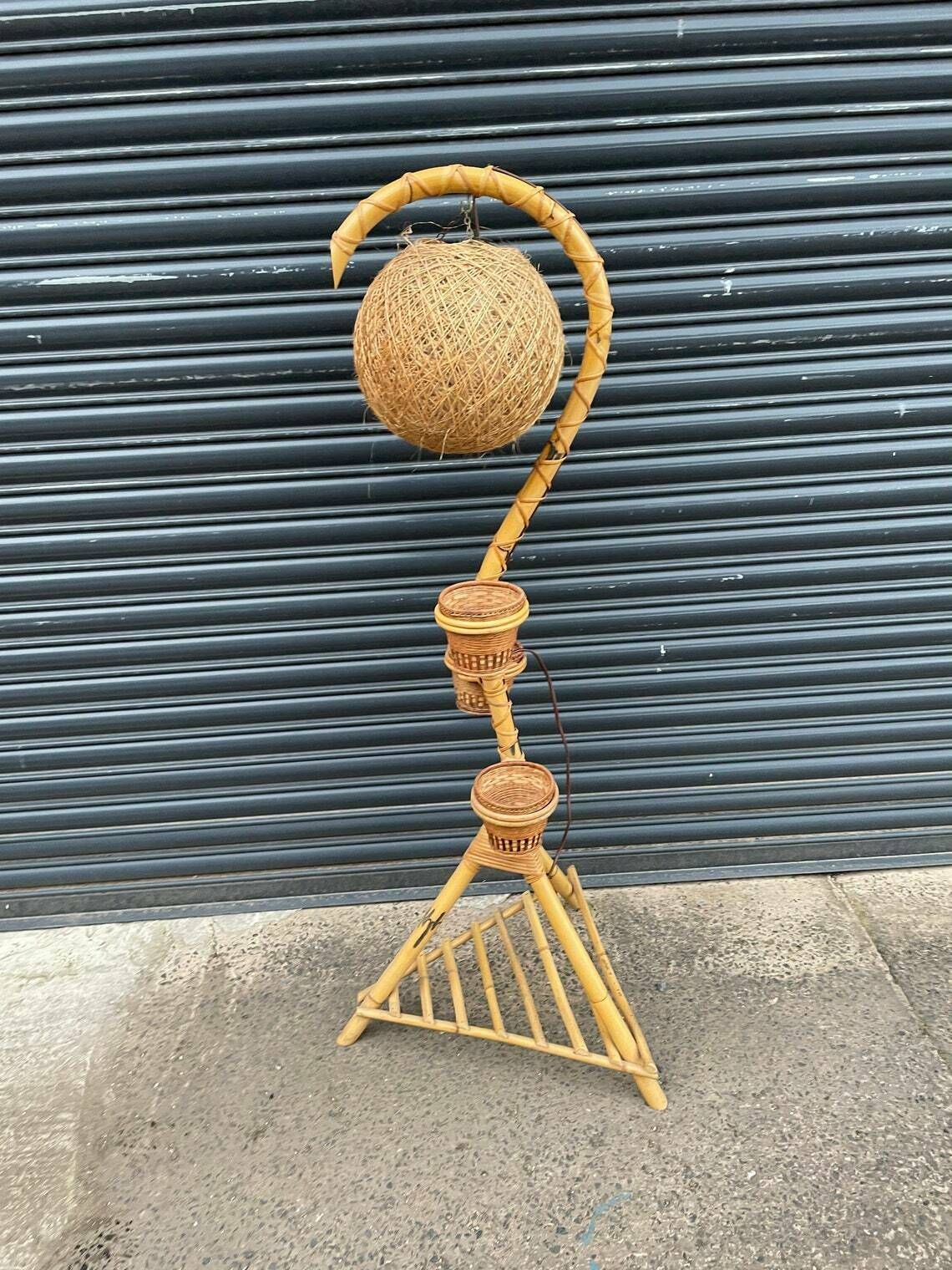 Rare Vintage Light Standard Lamp Bamboo Tiki Plant Stand