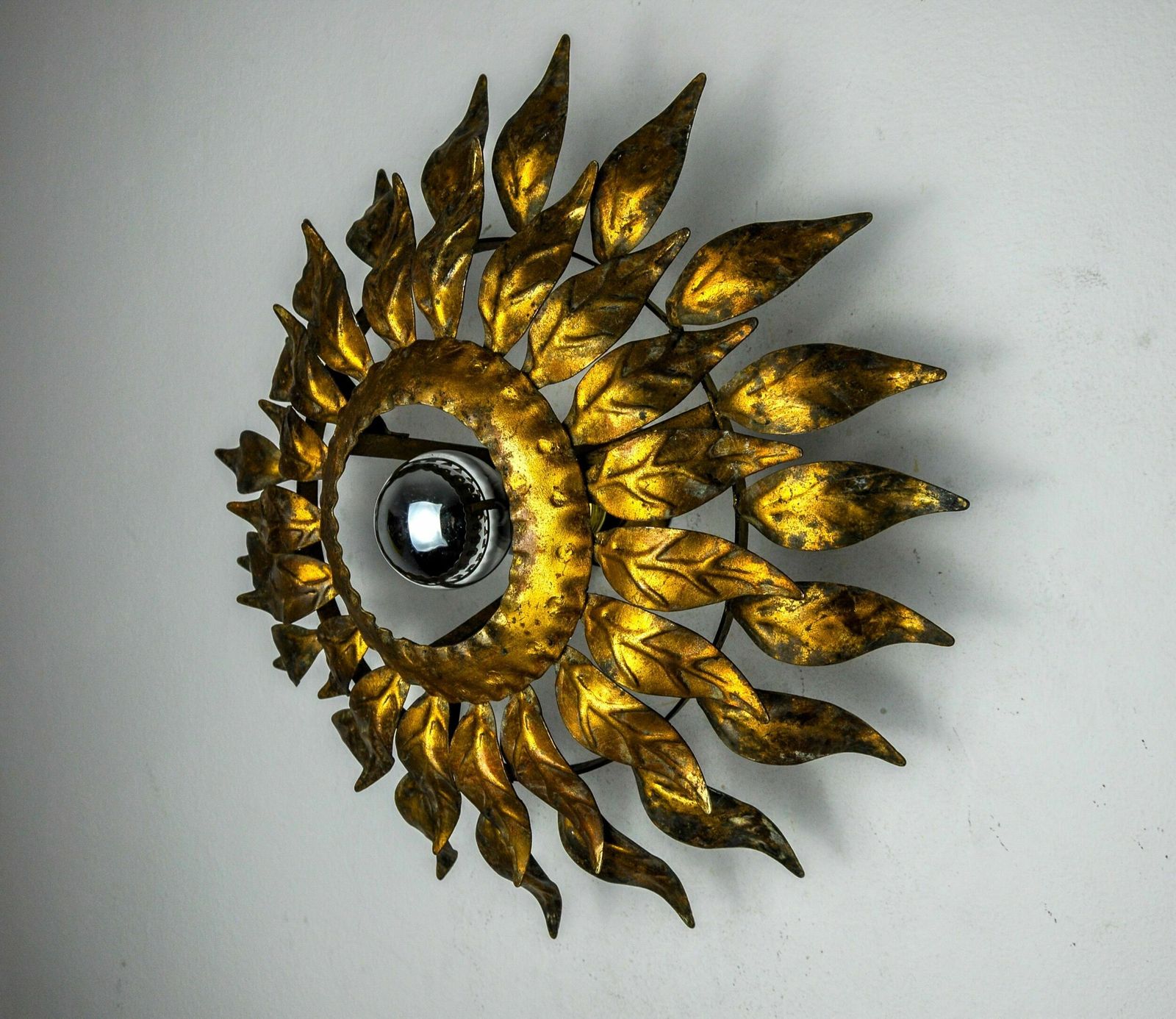 Sun Wall Lamp By Ferro Arte, Metal And Gold Leaf, Spain, 1960 photo Lighting