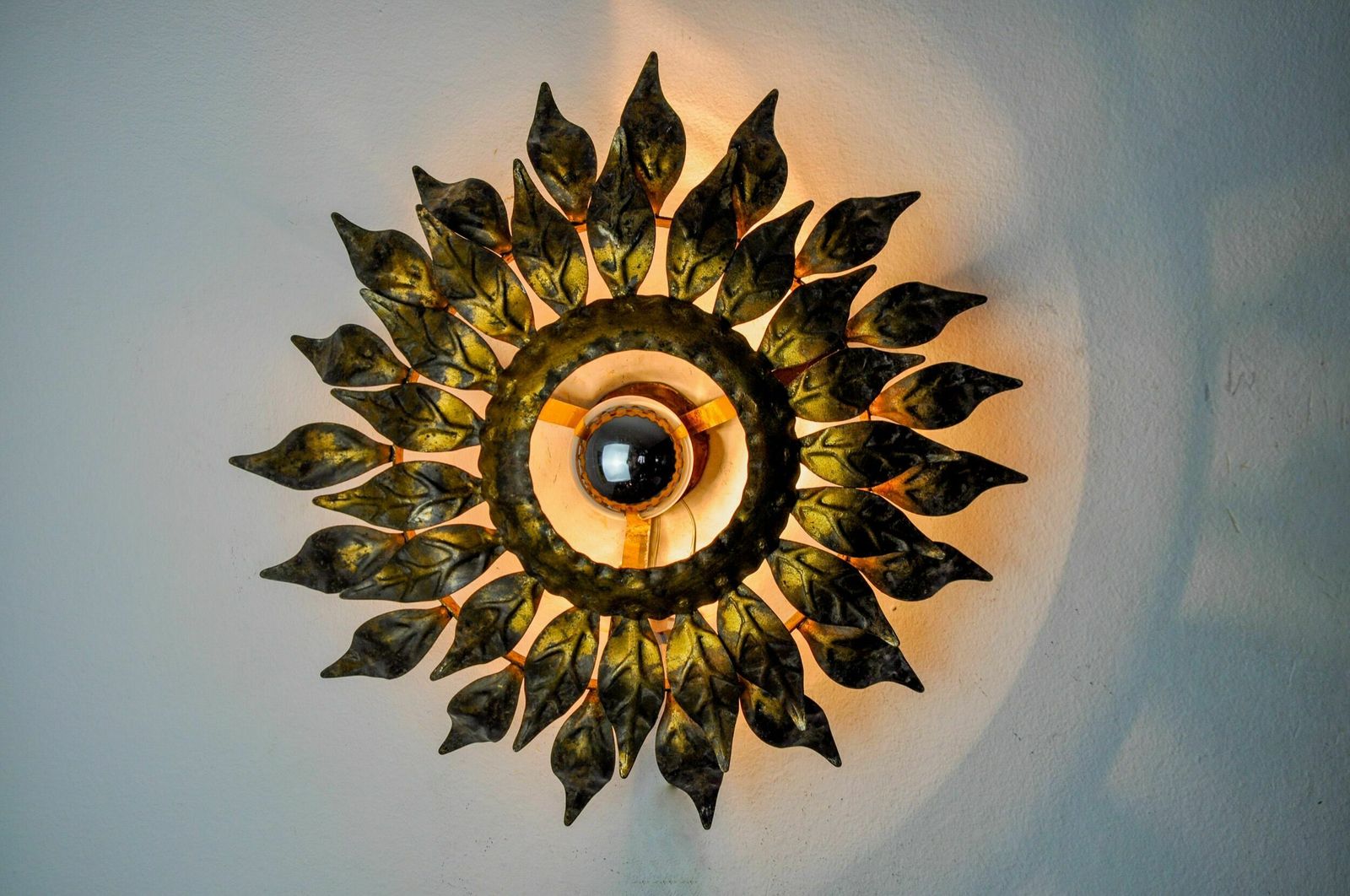 Sun Wall Lamp By Ferro Arte, Metal And Gold Leaf, Spain, 1960 photo vinterior