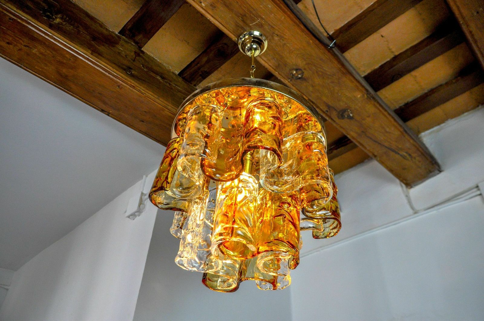 photo furniture Two Tone Chandelier By Zero Quattro, Orange And Transparent Murano Glass, Italy, 1970