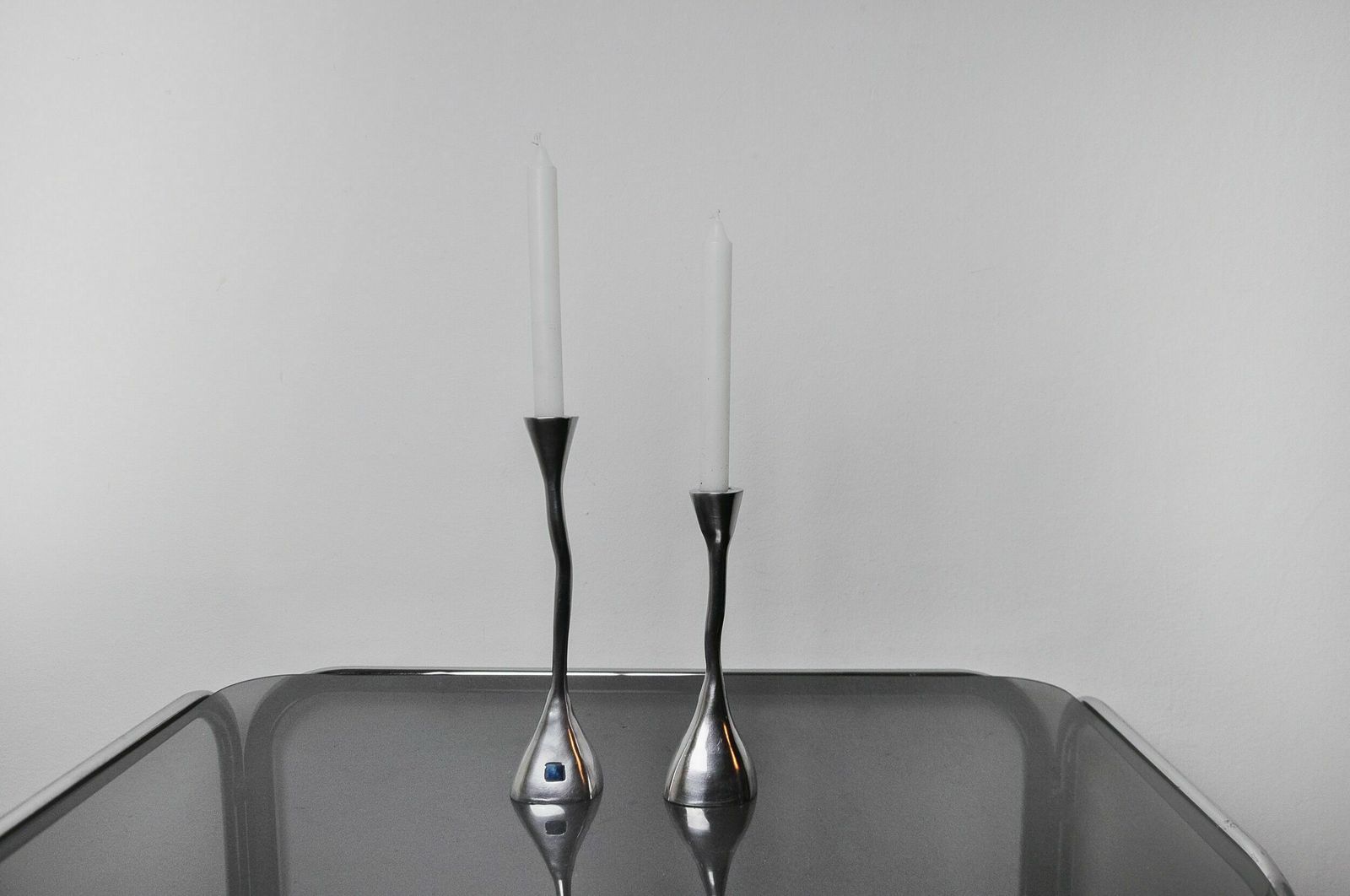 Pair Of Zigzag Candle Holders, Solid Aluminum And Polished Stone, Art3, Spain, 1970 photo for sale