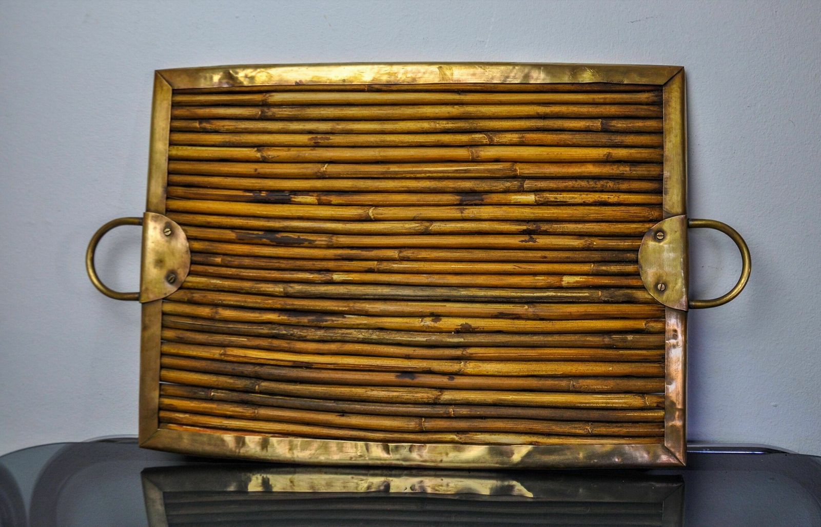Rattan And Brass Tray, Italy, 1970s photo furniture