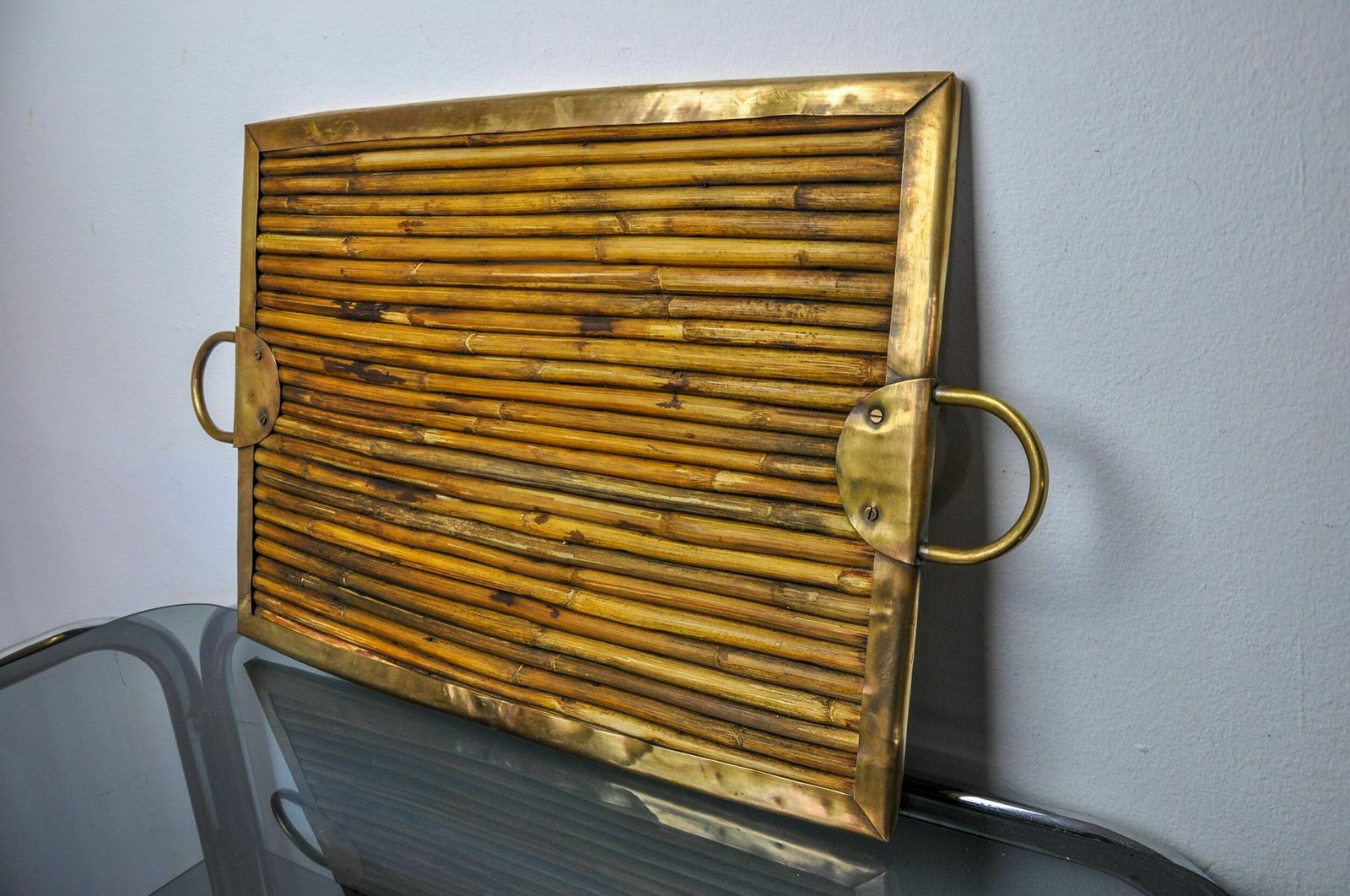 Rattan And Brass Tray, Italy, 1970s photo Home Decor