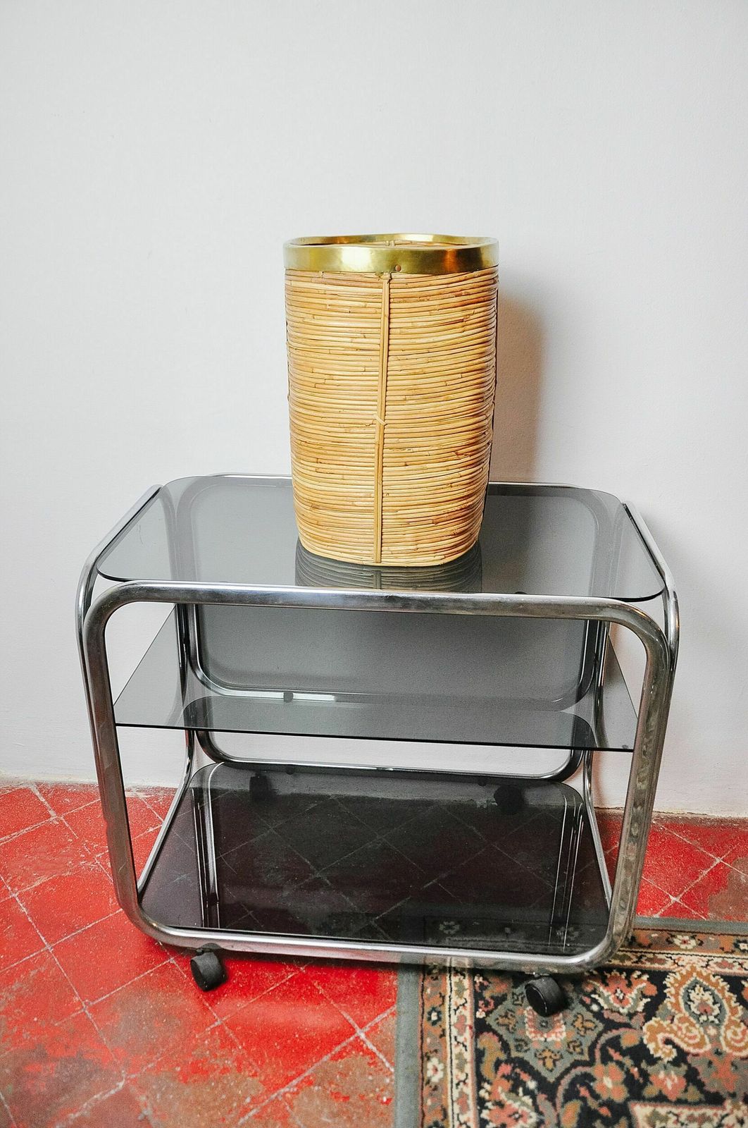 Rattan And Brass Umbrella Stand, Italy, 1970 photo vintage