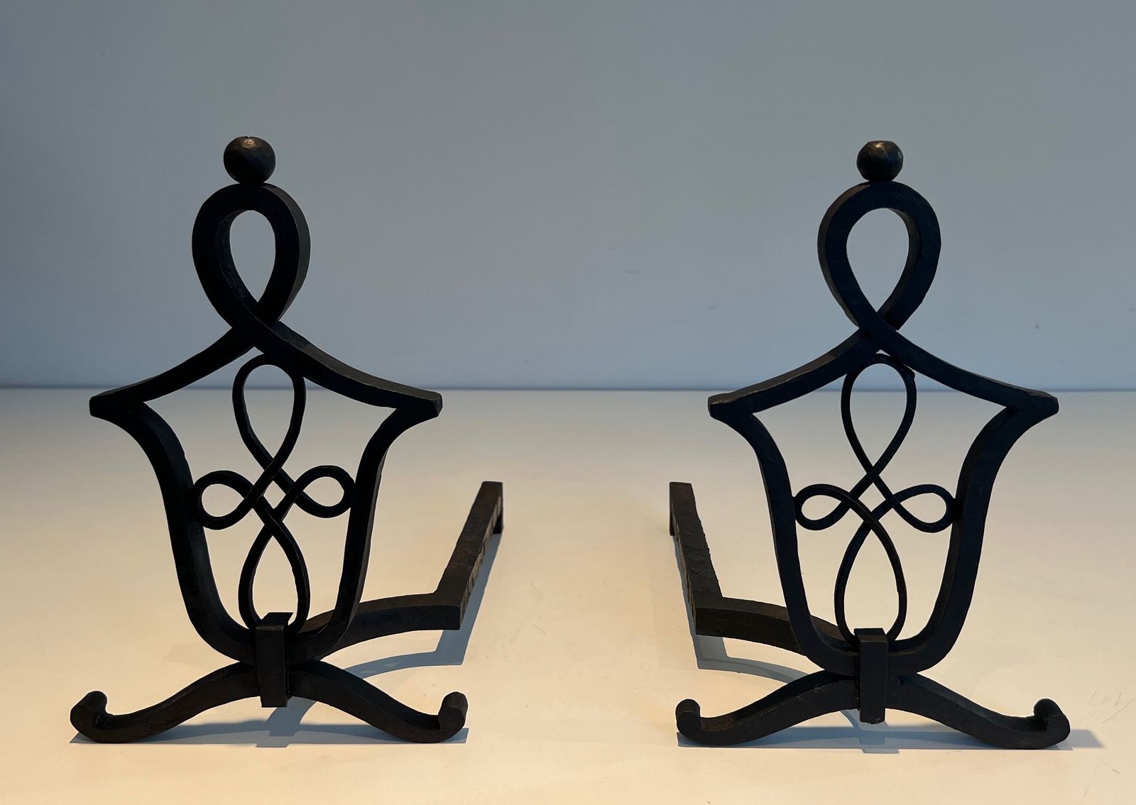 photo vintage Pair Of Wrought Iron Andirons In The Style Of Raymond Subes