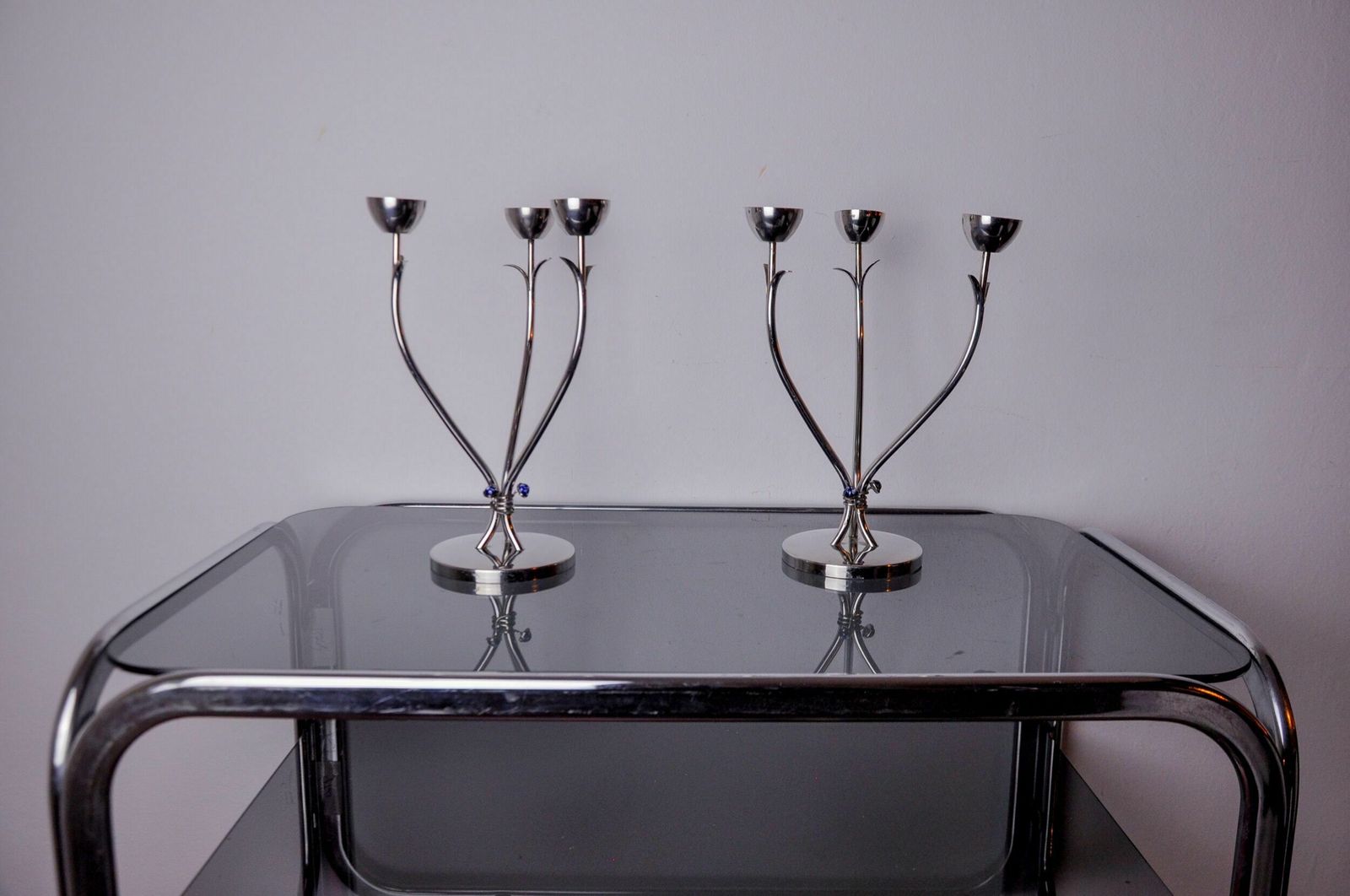 photo furniture Pair Of Art Deco Candlesticks In Stainless Steel 3 Flames And Blue Stones, Spain, 1970