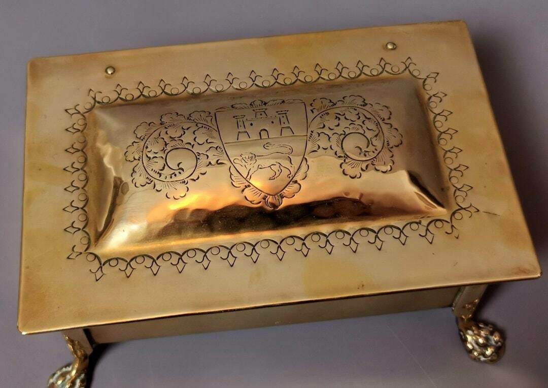 Antique Brass Tobacco Box, Heraldic, Table Top, Lion Paw Feet photo Home Decor