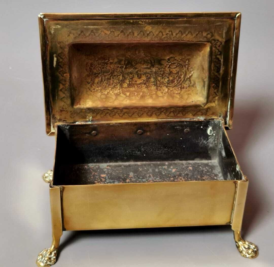 Antique Brass Tobacco Box, Heraldic, Table Top, Lion Paw Feet photo buy