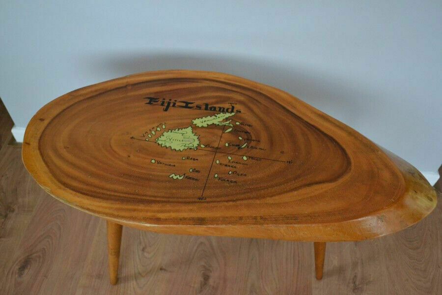 Mid 20th Century Coffee Table With Live Edge And Painted Map Of Fiji Islands photo 100.0