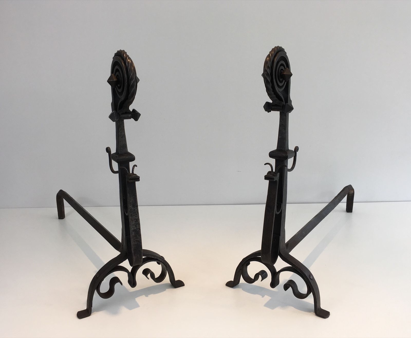 Pair Of Important Wrought Iron Andirons Representing A Snail photo for sale