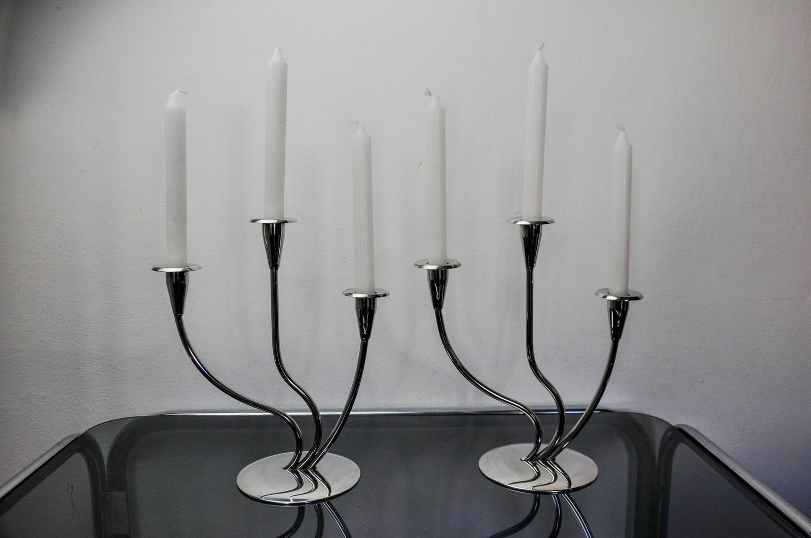 Pair Of Art Deco Candlesticks In Stainless Steel 3 Flames, Spain, 1970 photo for sale