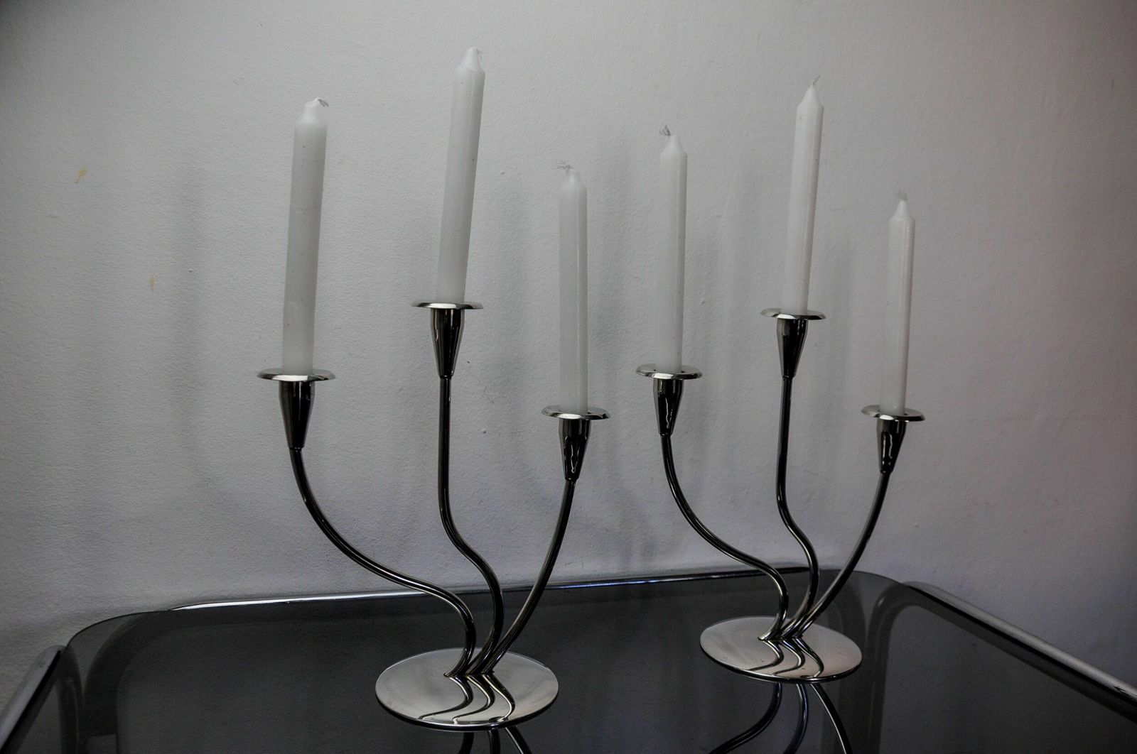 Pair Of Art Deco Candlesticks In Stainless Steel 3 Flames, Spain, 1970 photo 839.0