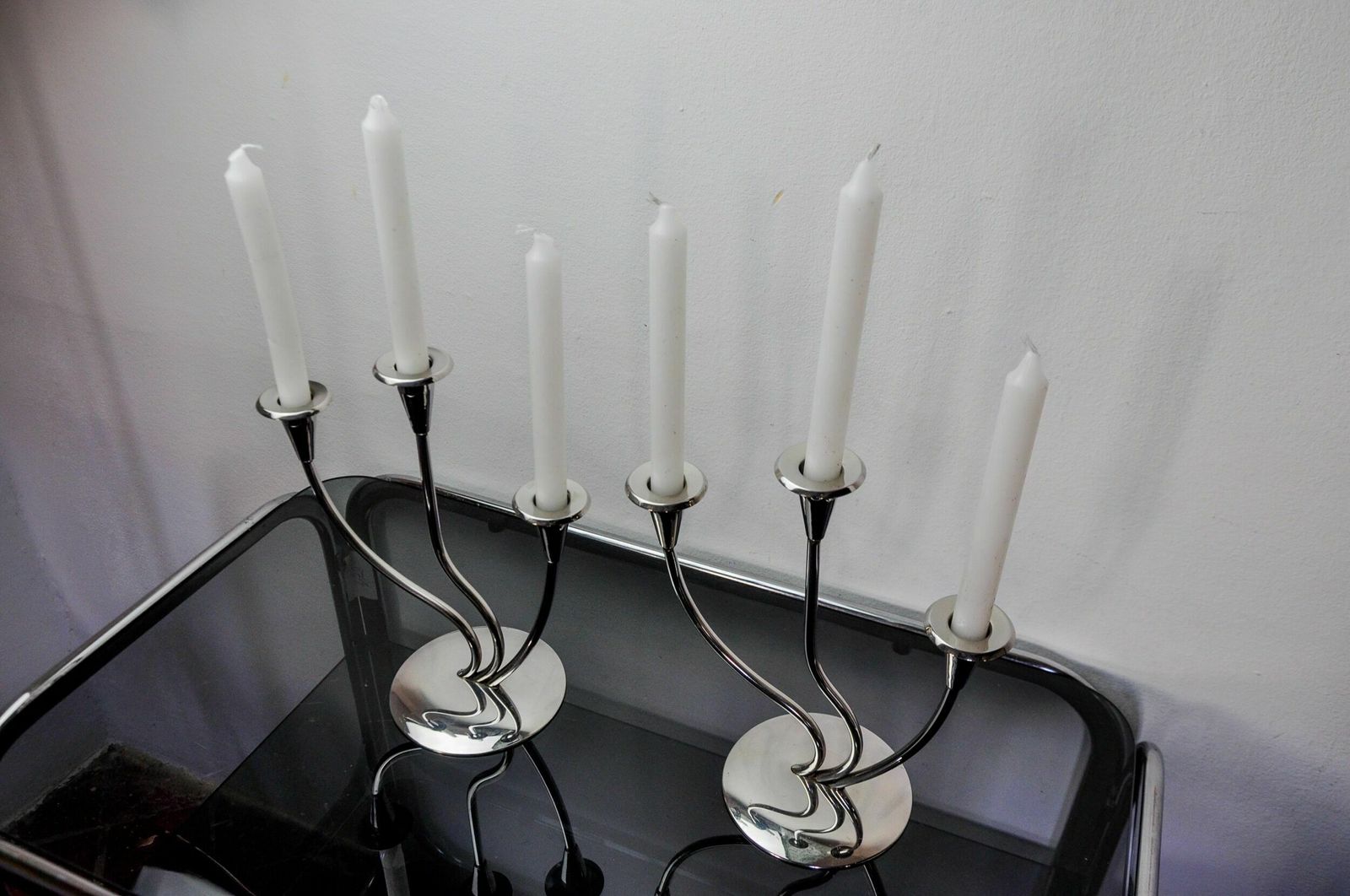 Pair Of Art Deco Candlesticks In Stainless Steel 3 Flames, Spain, 1970 photo vinterior