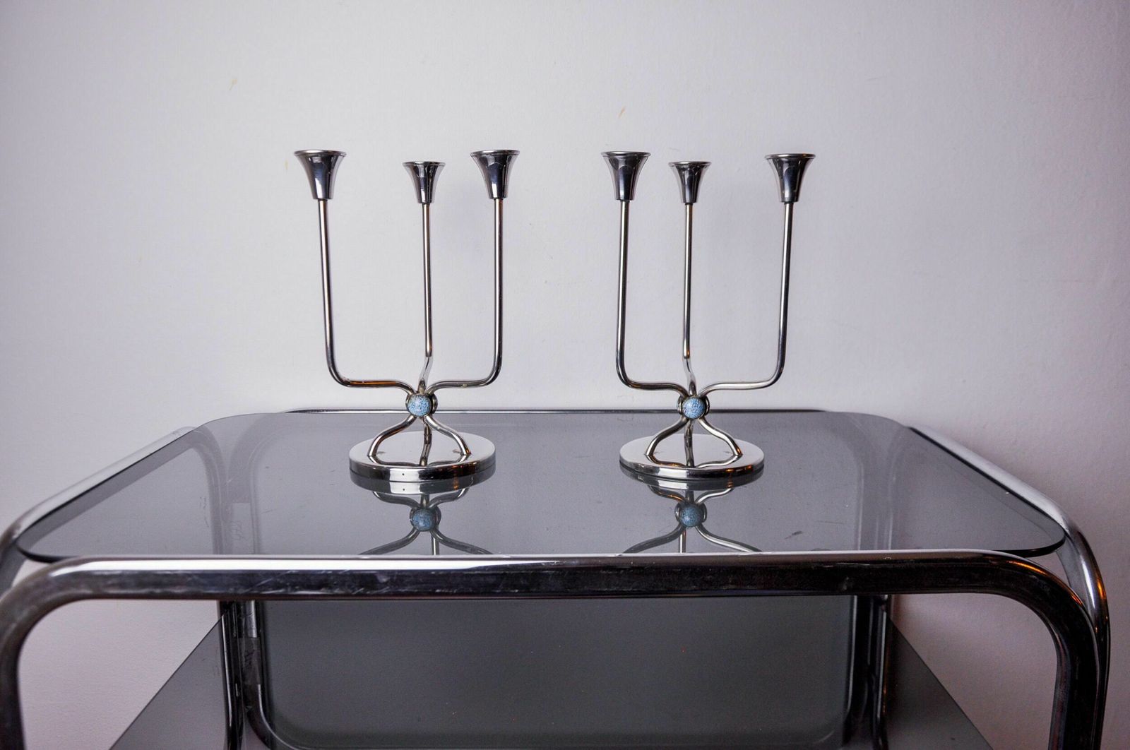 Pair Of Art Deco Candlesticks In Stainless Steel 3 Flames And Blue Stones, Spain, 1970 photo for sale