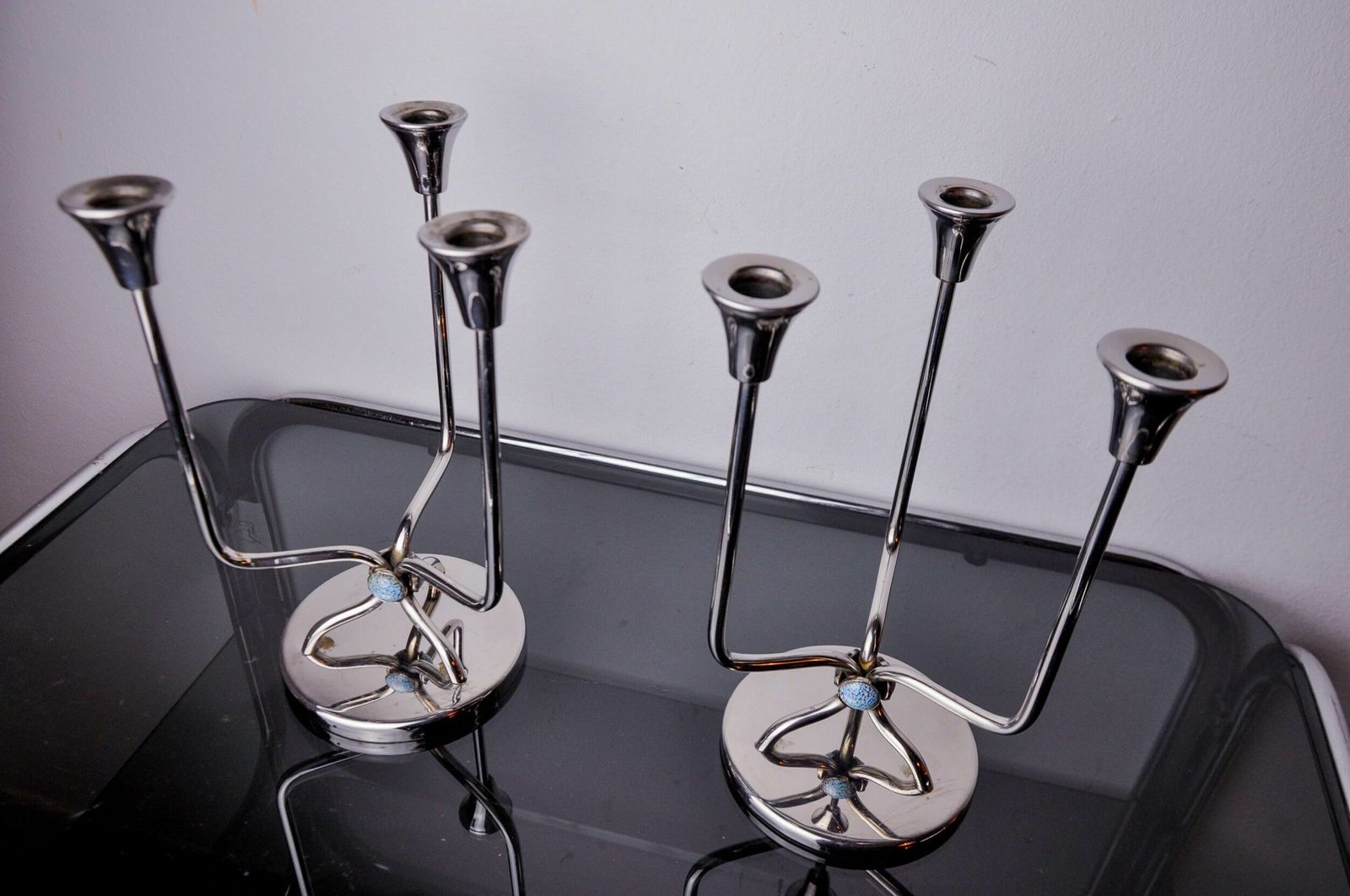 Pair Of Art Deco Candlesticks In Stainless Steel 3 Flames And Blue Stones, Spain, 1970 photo 839.0