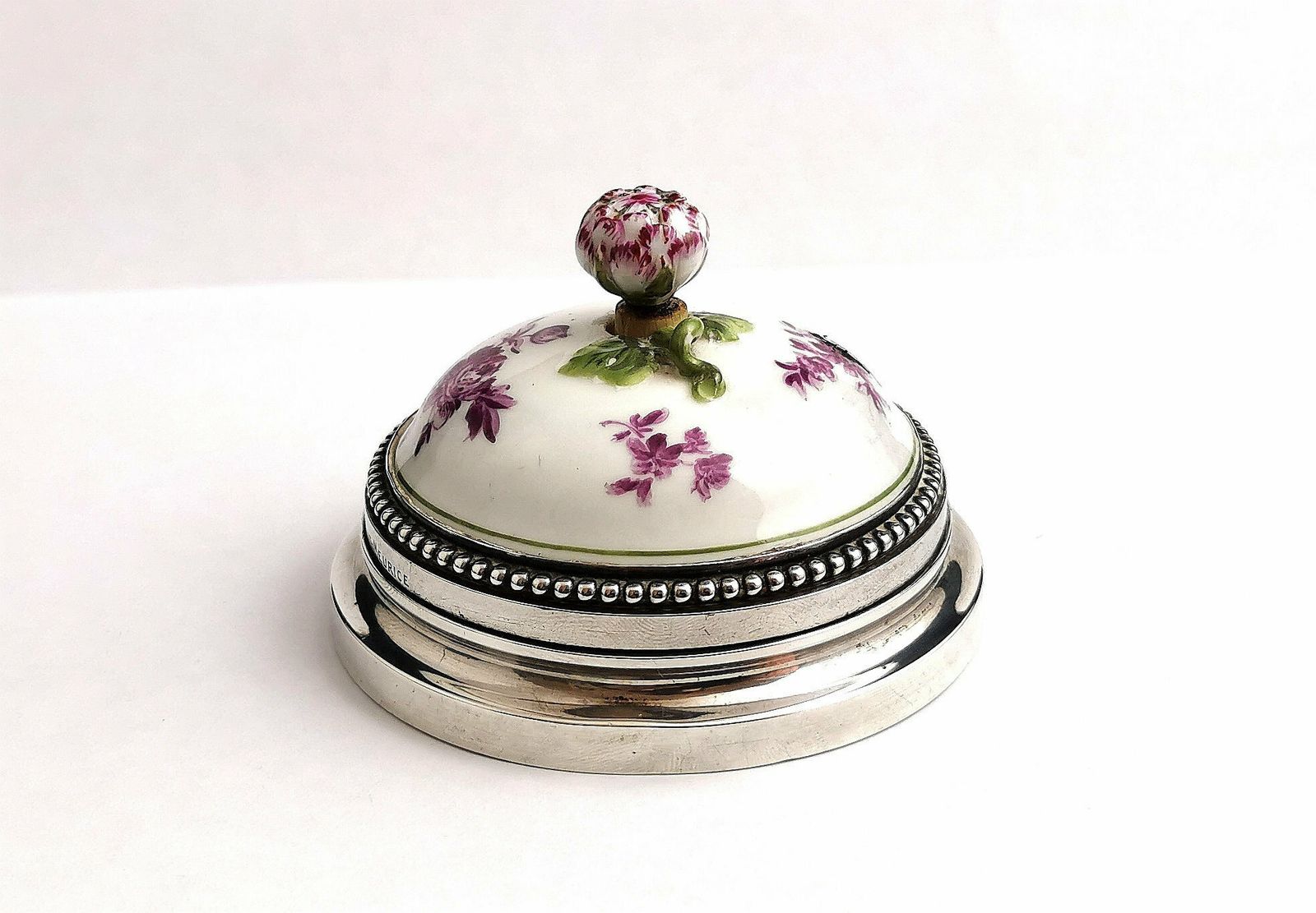Antique French Silver And Ceramic Door Bell Push, Bell Ringer