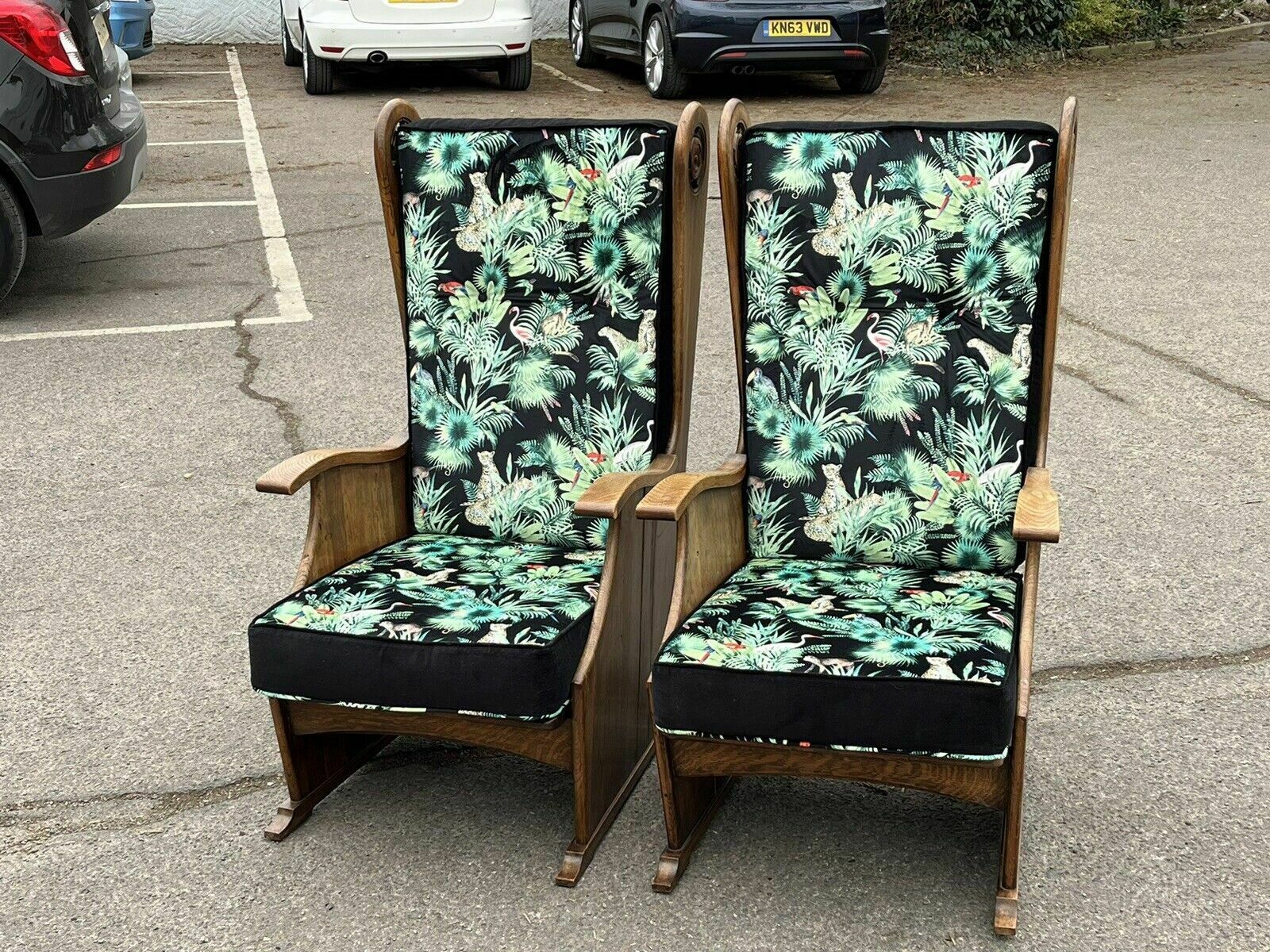 Mid Century Oak Armchairs Newly Upholstered In A Bright Jungle Print. photo Furniture